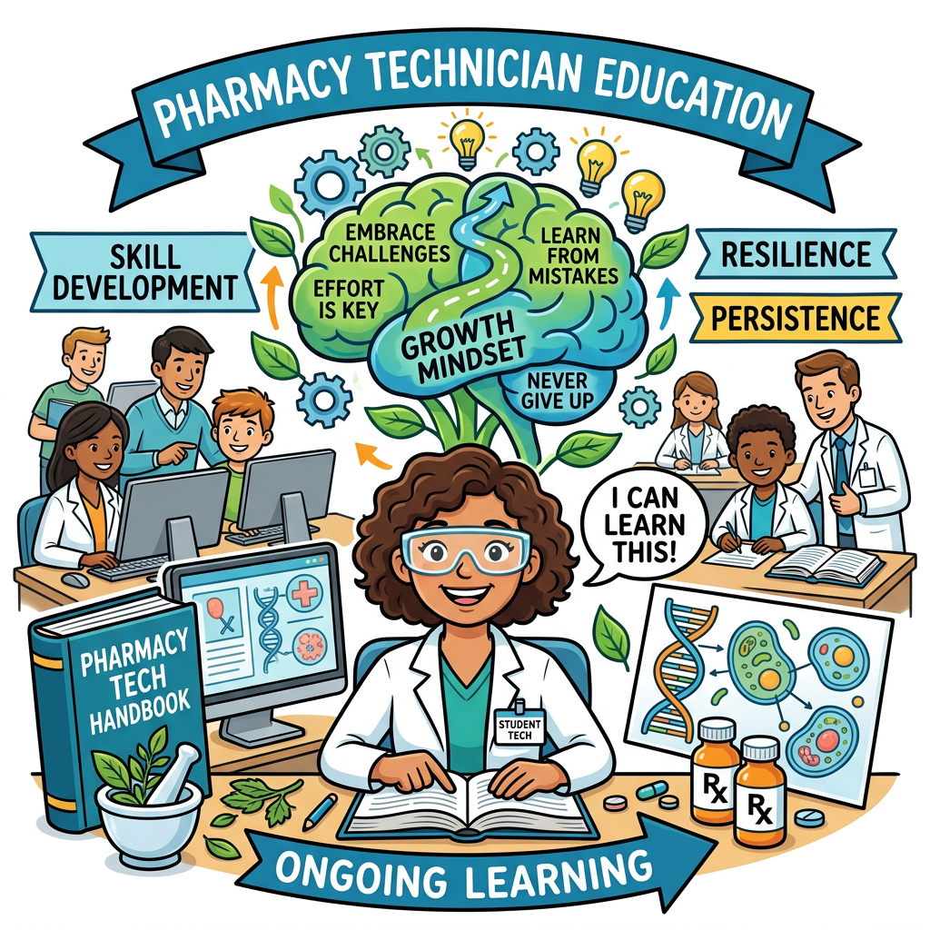 Pharmacy technician student studying with mentors, handbook, and educational materials
