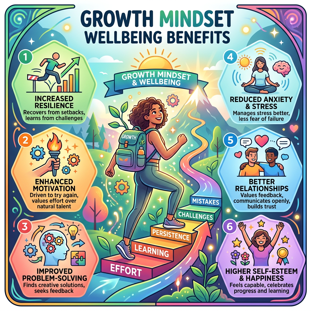 Illustration showing six wellbeing benefits of growth mindset including increased resilience, enhanced motivation, improved problem-solving, reduced anxiety and stress, better relationships, and higher self-esteem and happiness.
