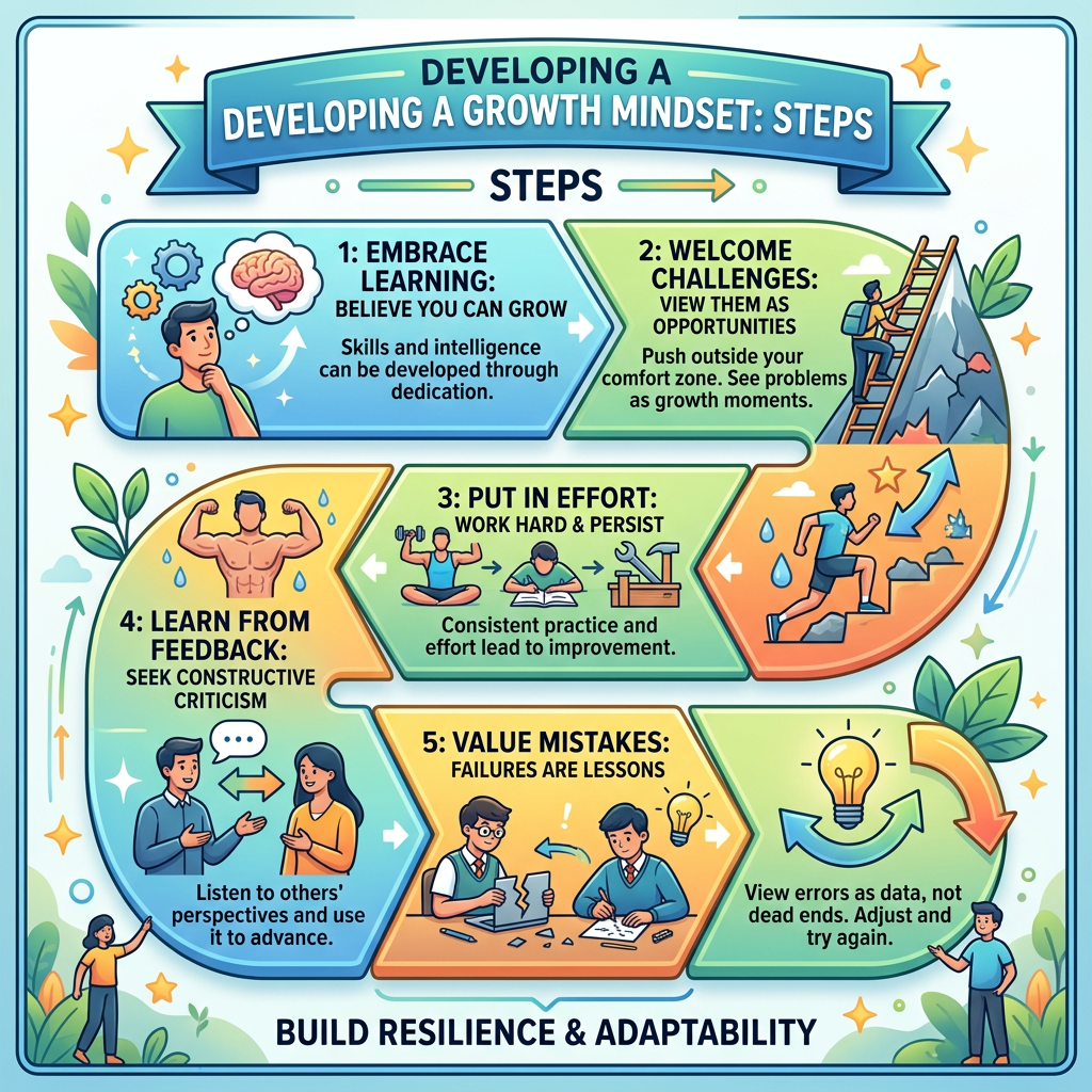 Infographic showing five steps to develop a growth mindset with illustrations